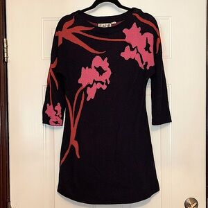 Anthropologie Field & Flower Megara Floral Tunic Sweater Dress XS Navy Artsy